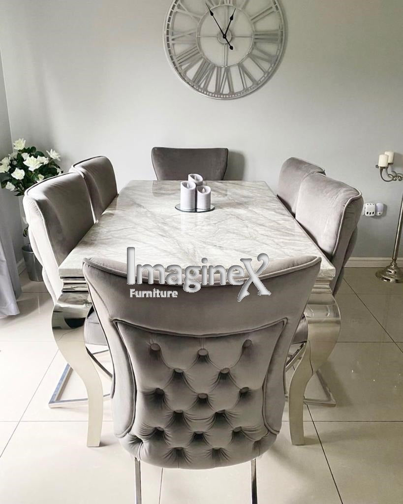 Louis 150cm Grey Marble Dining Table + 6 Dark Grey Chairs