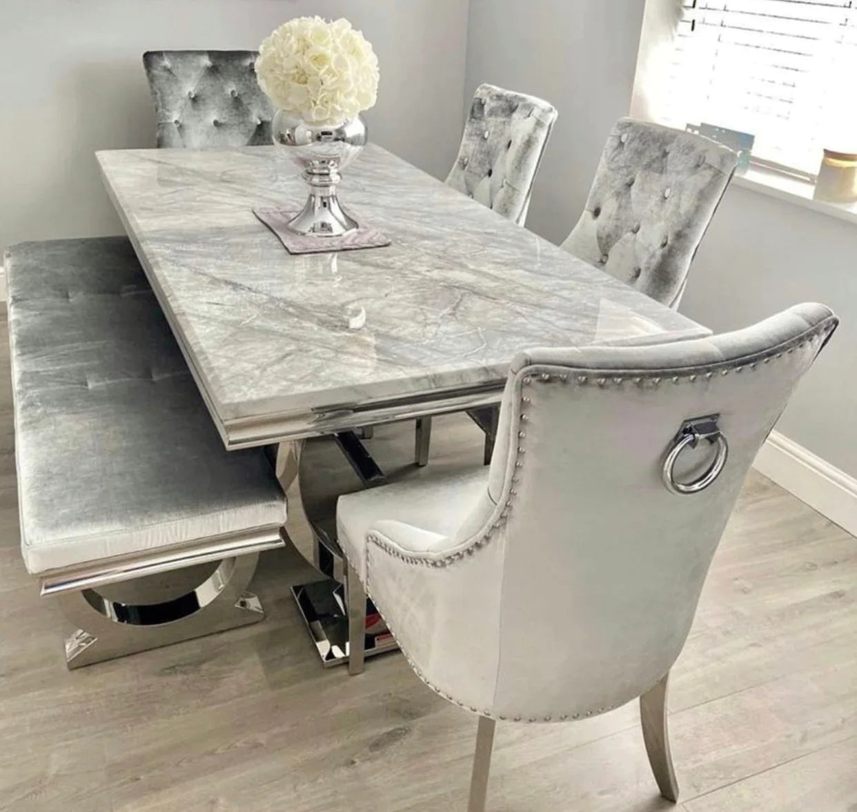 Arianna 180cm Grey Marble Dining Table + Belle Grey Velvet Dining Chai