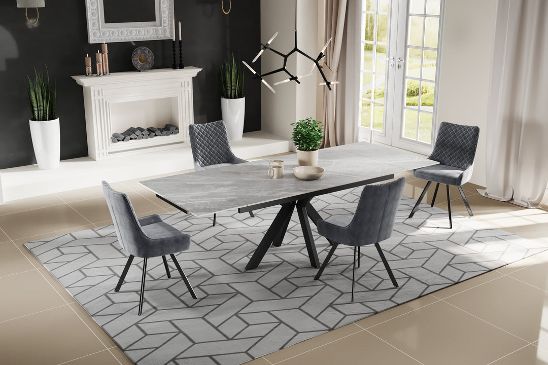 Nova 160-240cm Grey Matt Ceramic Marble Side Extending Dining Table With Velvet Dining Chairs-Dining Table & Chairs Set-Cuthwells-Belmont Interiors