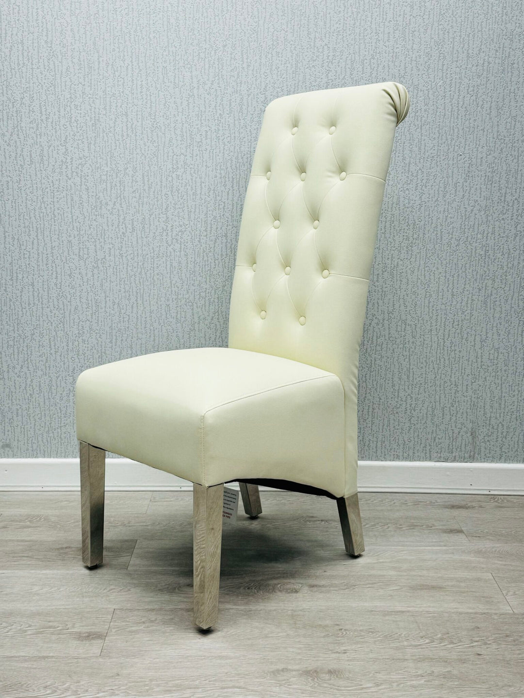 Lucy PU Lion Knocker Quilted Emma Slim Cream White Leather Dining Chair Chrome Legs - Belmont Interiors