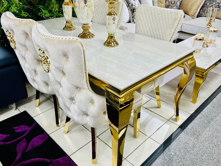 Louis 180cm Cream & Gold Marble Dining Table + Valente Cream Gold Lion Knocker Velvet Chairs - Belmont Interiors