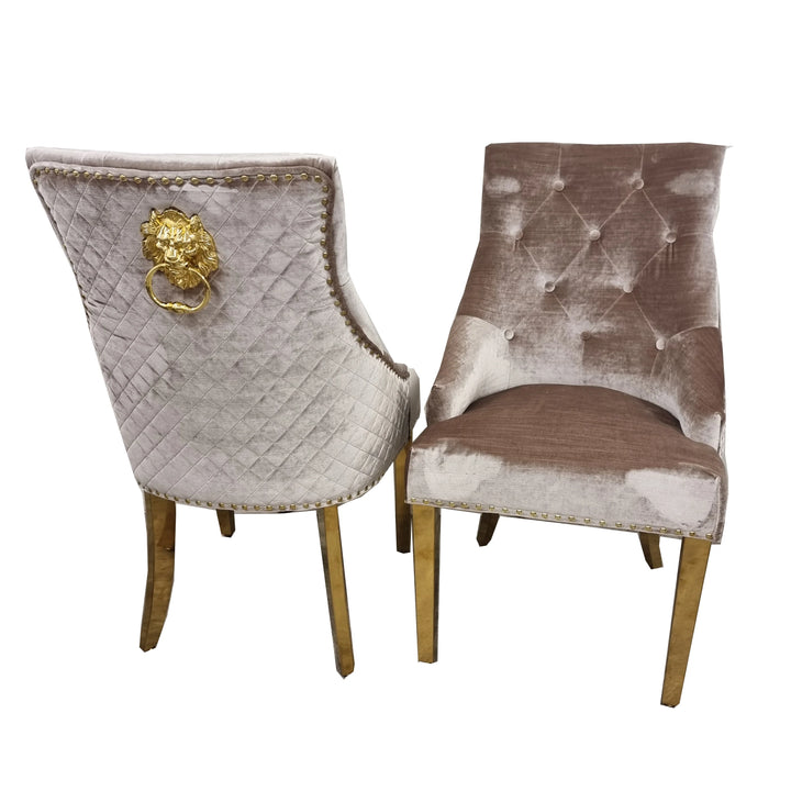 Gold Lion Knocker Quilted Tufted Plush Velvet Dining Chair Gold Legs - Belmont Interiors