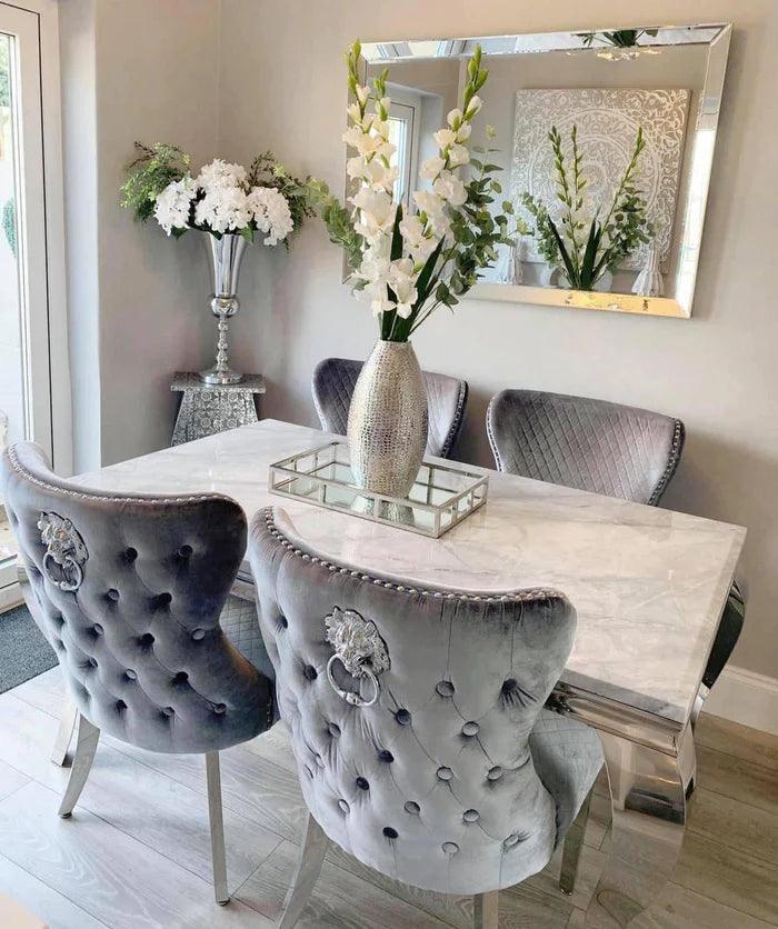 Louis Marble & Chrome Dining Table With Valentino Lion Knocker Velvet Chairs - Belmont Interiors