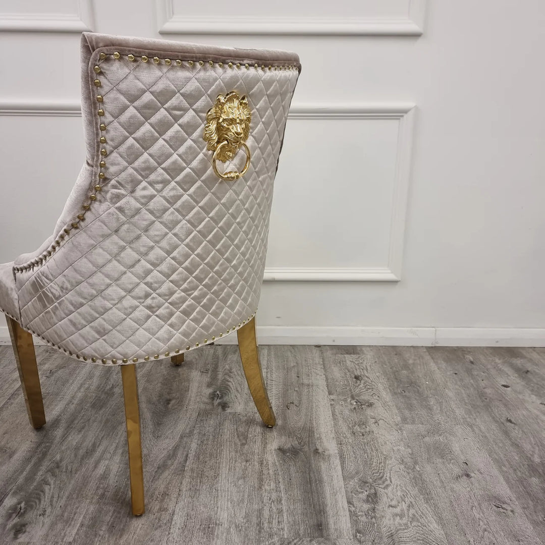 Gold Lion Knocker Quilted Tufted Plush Velvet Dining Chair Gold Legs - Belmont Interiors