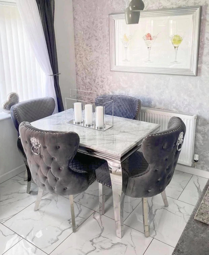 Louis Marble & Chrome Dining Table With Valentino Lion Knocker Velvet Chairs - Belmont Interiors