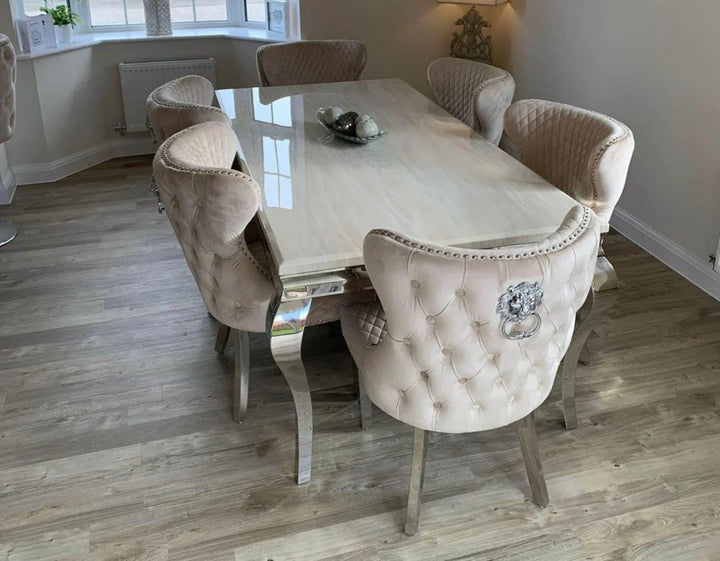 Louis Marble & Chrome Dining Table With Valentino Lion Knocker Velvet Chairs - Belmont Interiors