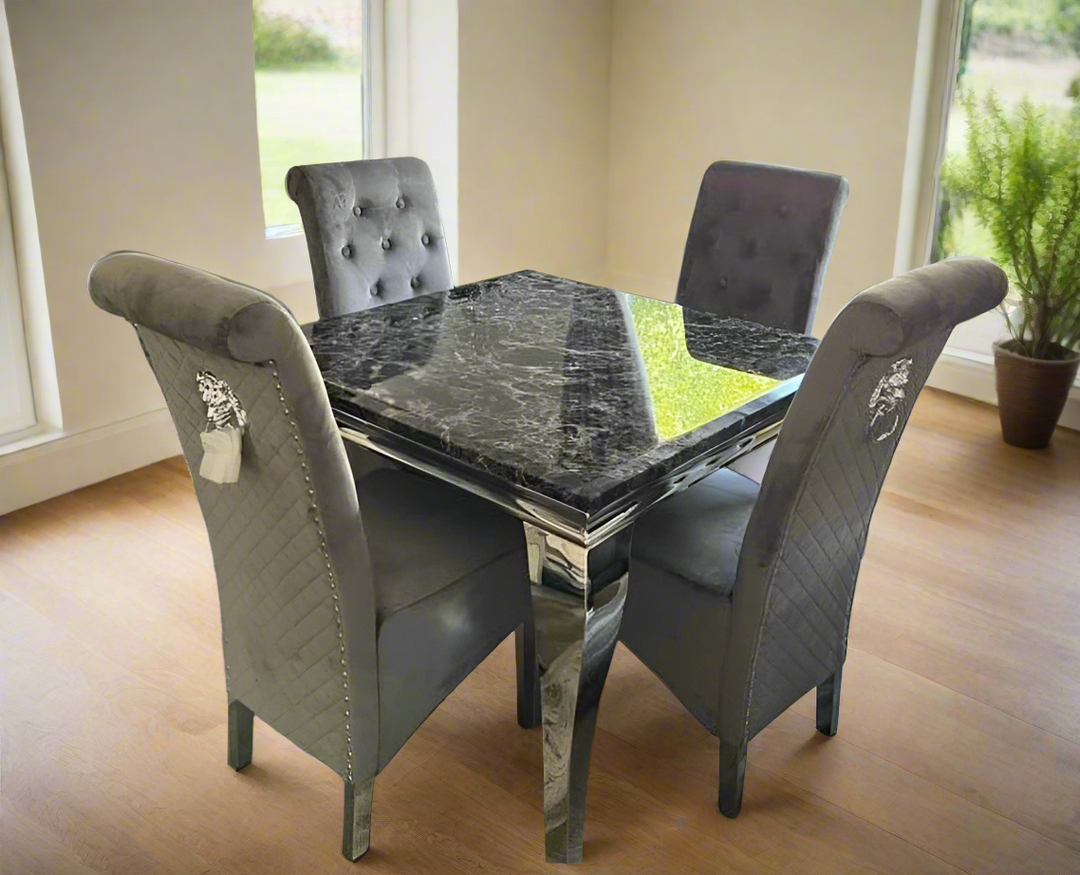 Louis 100cm Square Marble Dining Table + Chairs - Belmont Interiors