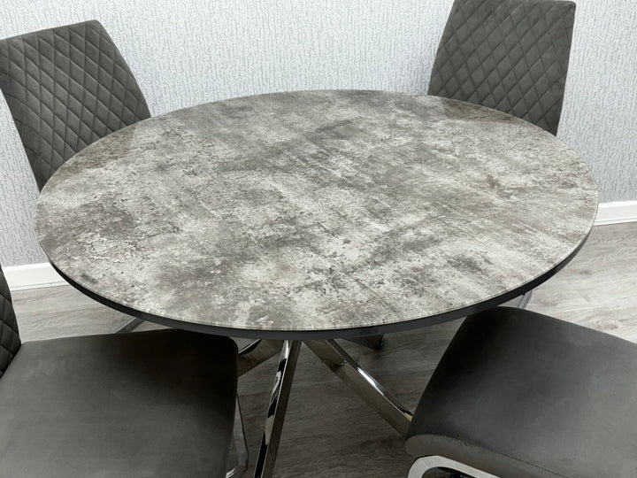 Tokyo Round Dining Table with 4 Velvet Quilted Grey Chairs - 110cm - Belmont Interiors