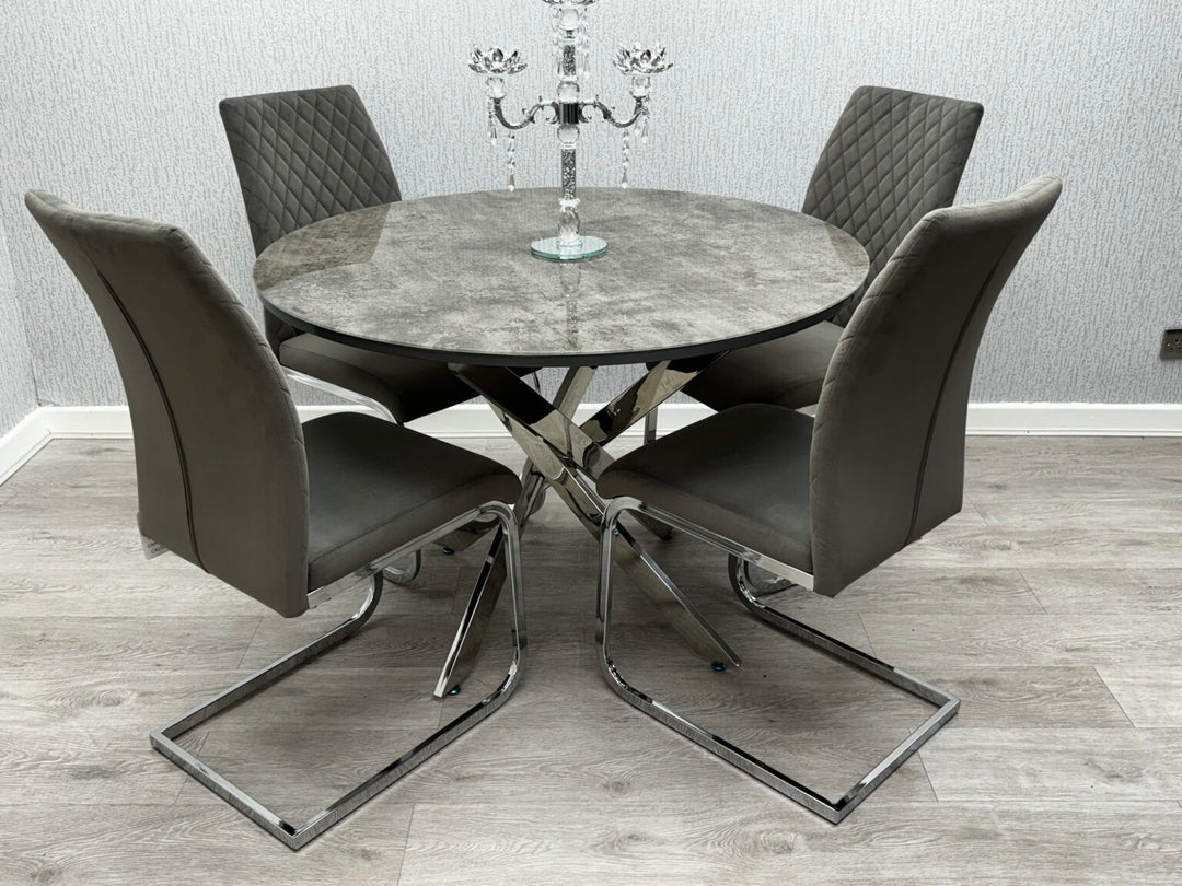 Tokyo Round Dining Table with 4 Velvet Quilted Grey Chairs - 110cm - Belmont Interiors