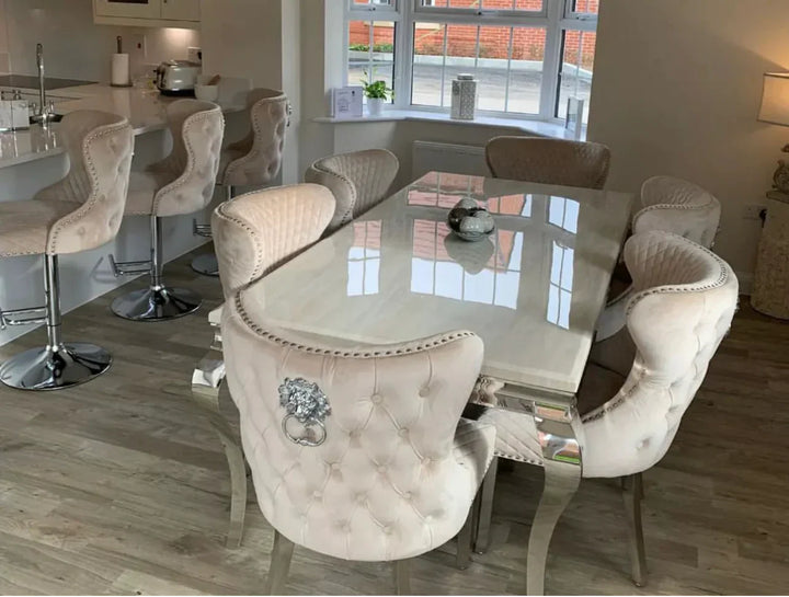 Louis Marble & Chrome Dining Table With Valentino Lion Knocker Velvet Chairs - Belmont Interiors