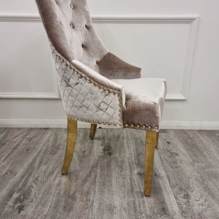 Gold Lion Knocker Quilted Tufted Plush Velvet Dining Chair Gold Legs - Belmont Interiors