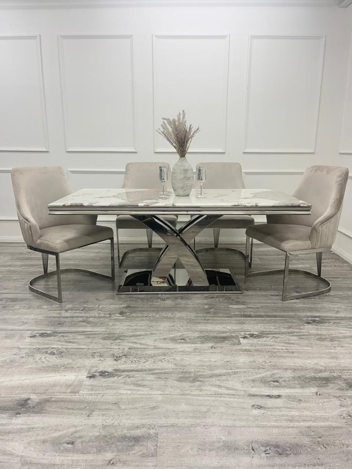 Ottavia 180cm Marble & Chrome Dining Table With Carlton Grey /Chrome Velvet Chairs - Belmont Interiors