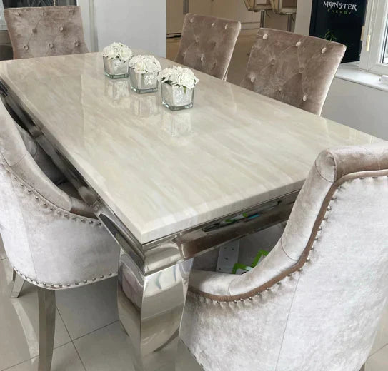 Louis Marble & Chrome Dining Table With PU Leather Chrome Lion Quilted Knocker Chairs - Belmont Interiors