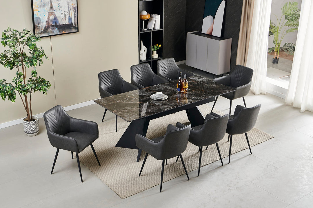 Chicago 160-200CM Black Gold Extending Dining Table With Ceramic Top + Grey PU Leather Dining Chairs-Dining Table & Chairs Set-Cuthwells-Belmont Interiors