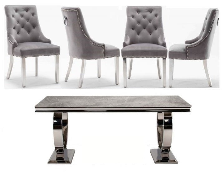 Arianna Grey Marble 150CM Dining Table + Knightsbridge Plush Velvet Dining Chairs - Belmont Interiors