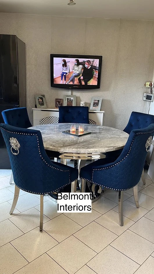 Chelsea 130cm Marble Round Dining Table + Blue Lion Knocker Chairs - Belmont Interiors