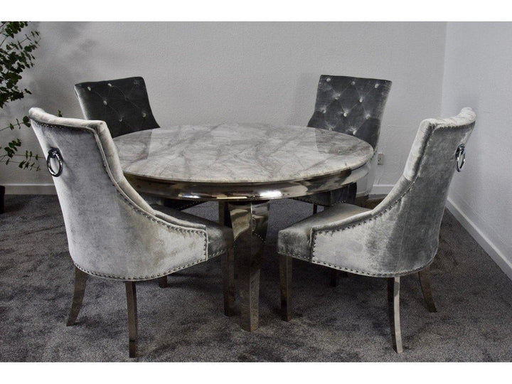 Louis Grey Marble 130CM Round Dining Table With Belle Lion Knocker Dining Chairs - Belmont Interiors