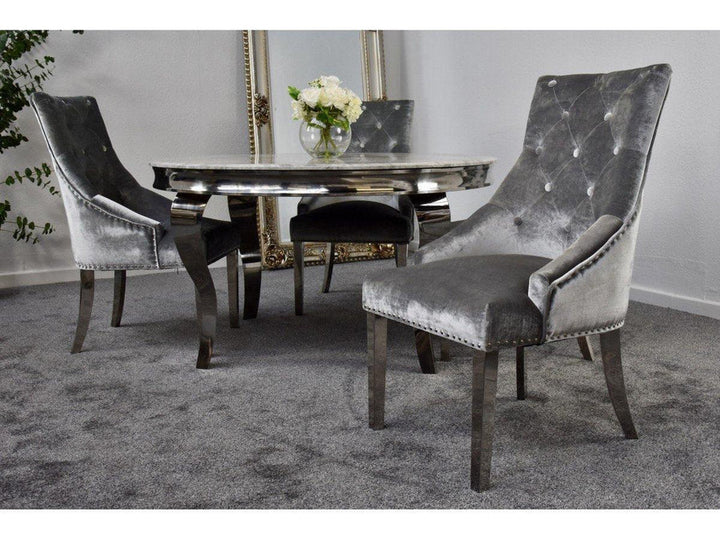 Louis Grey Marble 130CM Round Dining Table With Belle Lion Knocker Dining Chairs - Belmont Interiors