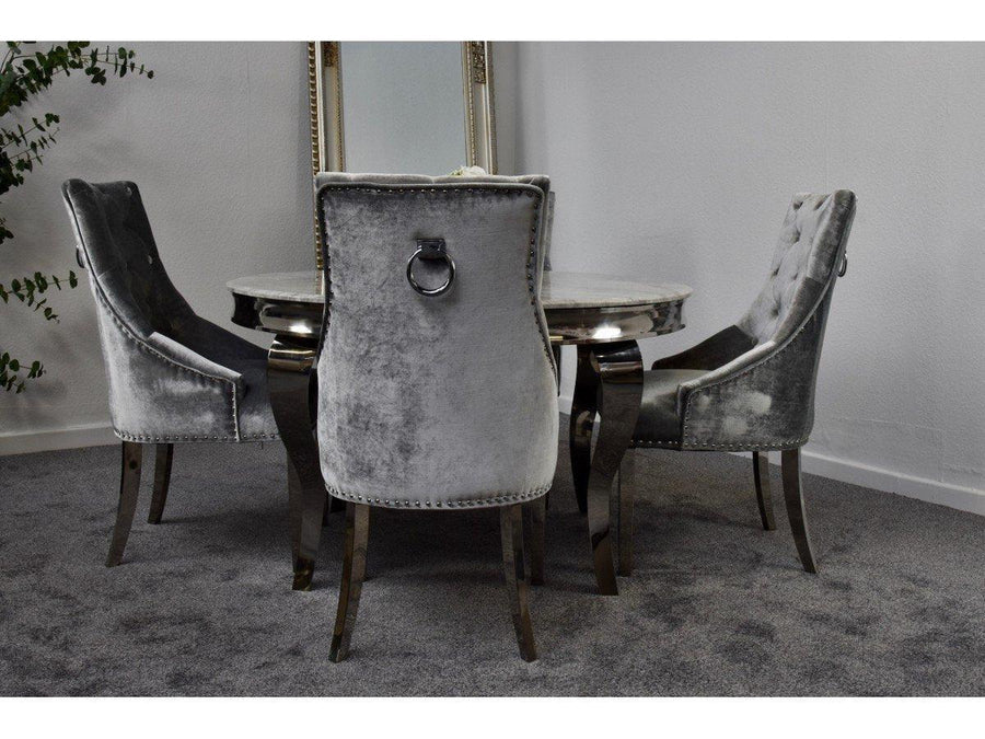 Louis Grey Marble 130CM Round Dining Table With Belle Lion Knocker Dining Chairs - Belmont Interiors