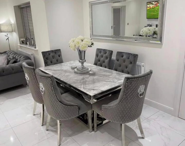 Arial Marble & Chrome Dining Table + Lion Knocker Velvet Chairs - Belmont Interiors