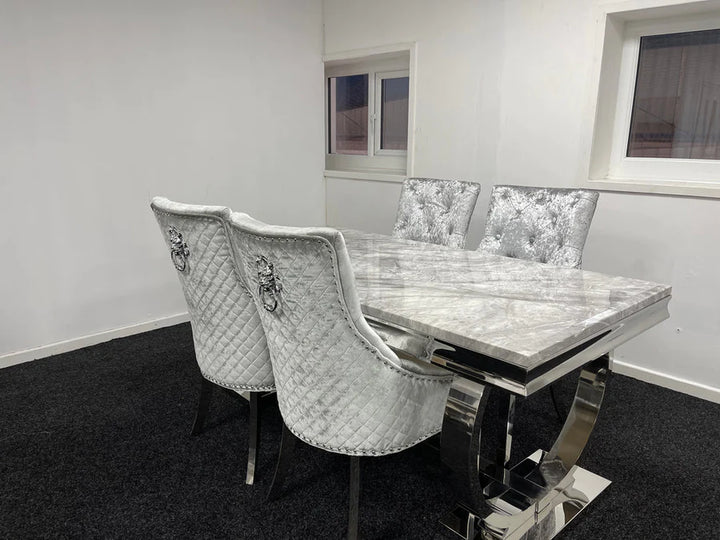 Arianna 180cm White Marble Dining Table + Silver Grey Lion Knocker Velvet Chairs - Belmont Interiors