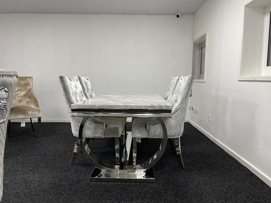 Arianna 180cm White Marble Dining Table + Silver Grey Lion Knocker Velvet Chairs - Belmont Interiors