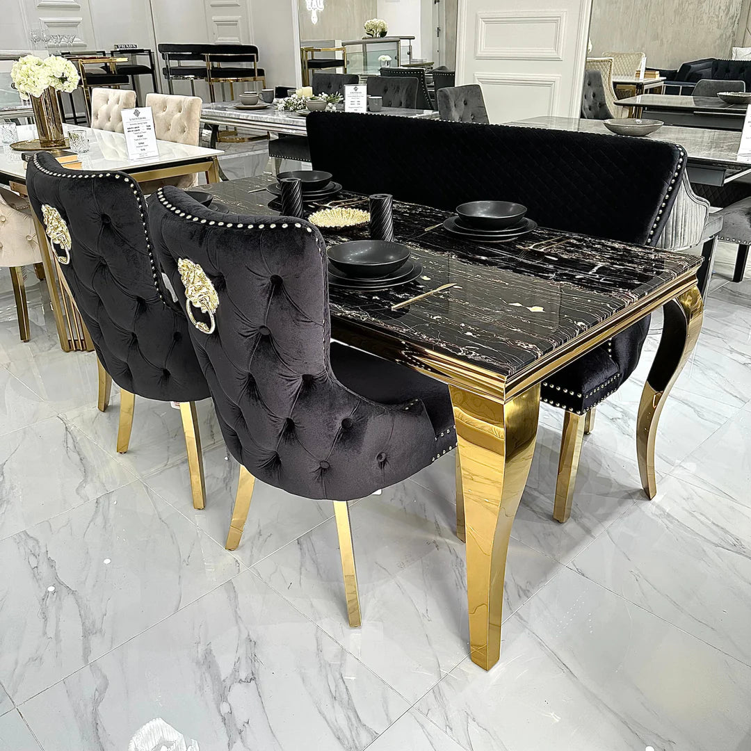 Louis Gold Marble Dining Table With Gold Lion Knocker Dining Chairs - Belmont Interiors