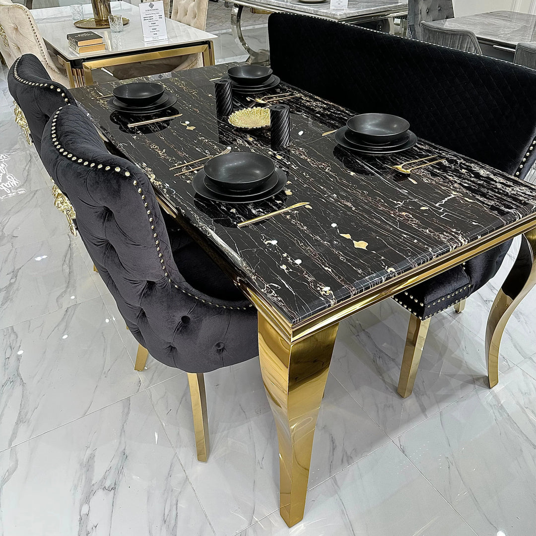 Louis Gold Marble Dining Table With Gold Lion Knocker Dining Chairs - Belmont Interiors