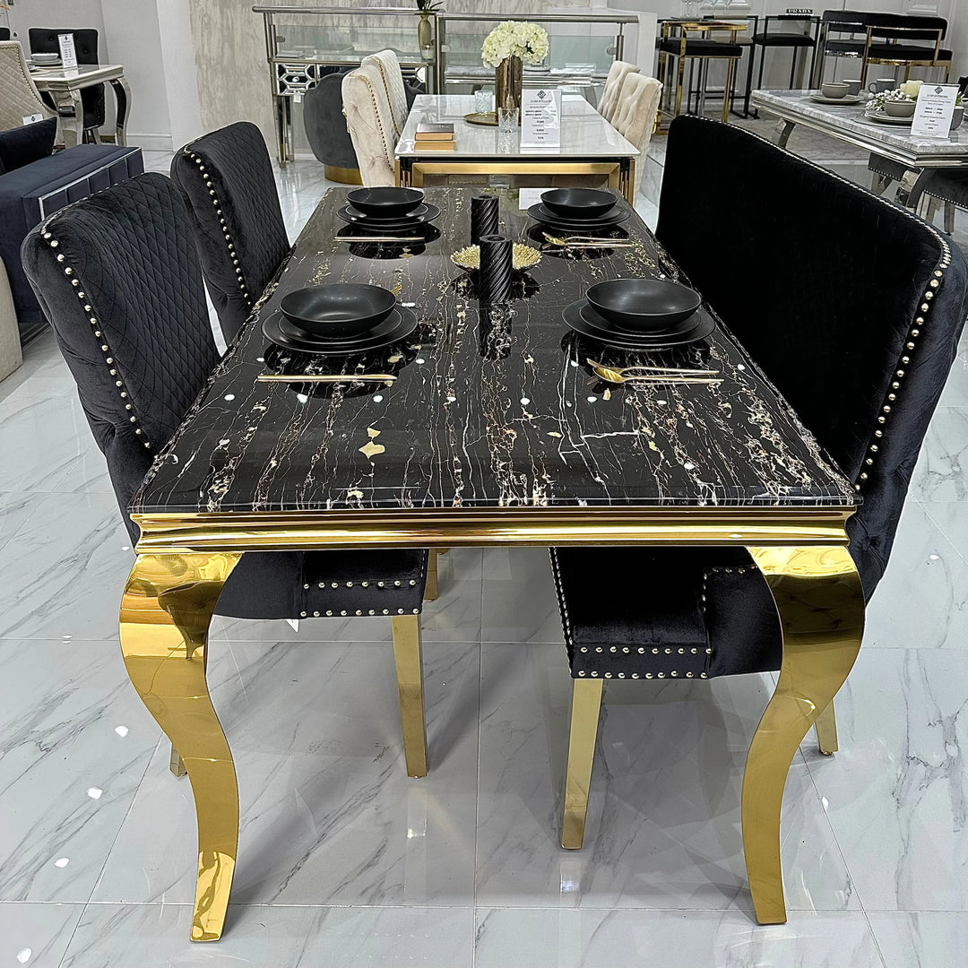 Louis Gold Marble Dining Table With Gold Lion Knocker Dining Chairs - Belmont Interiors