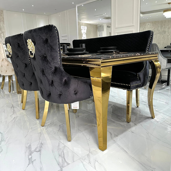 Louis Gold Marble Dining Table With Gold Lion Knocker Dining Chairs - Belmont Interiors