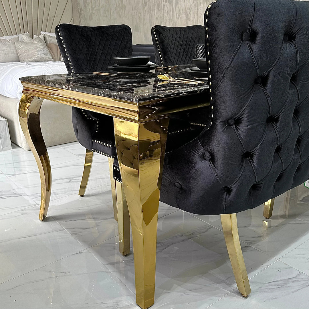 Louis Gold Marble Dining Table With Gold Lion Knocker Dining Chairs - Belmont Interiors