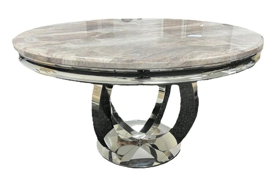 Chelsea 130cm Beige Marble Round Dining Table + Belvedere Champagne Dining Chairs - Belmont Interiors