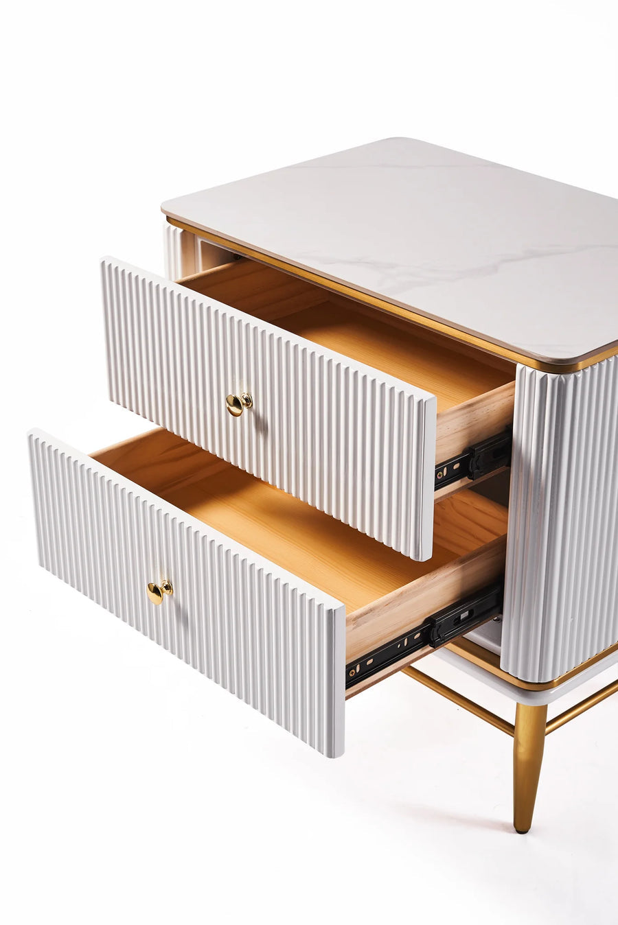 Edena Ribbed 2 Drawer Side Table in White & Gold - Belmont Interiors