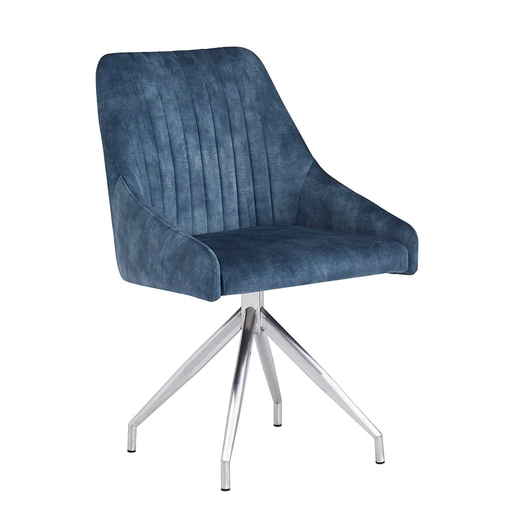 Sofia Swivel Dining Chair in Blue Velvet with Brushed Chrome Legs - Belmont Interiors