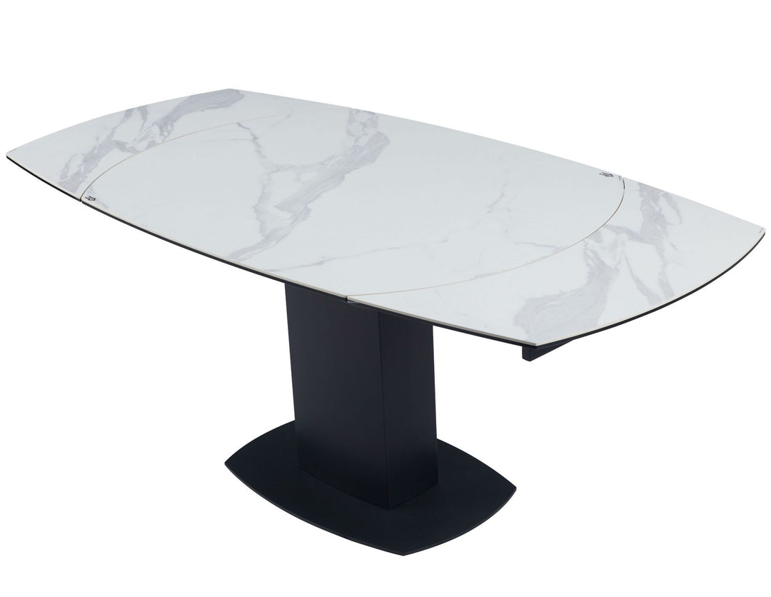 Ritz 120-180cm White Ceramic Marble Swivel Mechanism Extending Table with Amalia Swivel Velvet Chairs - Belmont Interiors