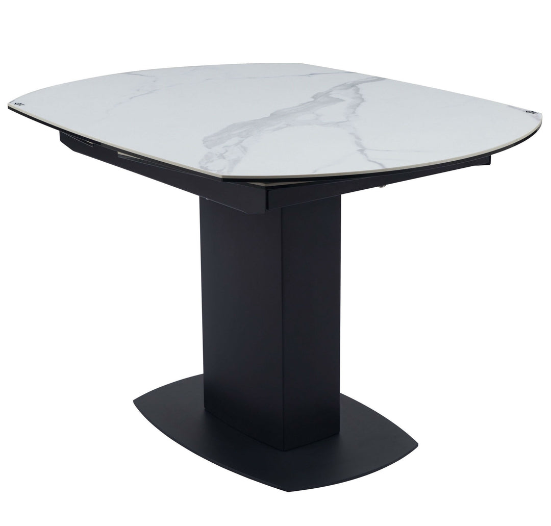 Ritz 120-180cm White Ceramic Marble Swivel Mechanism Extending Table with Amalia Swivel Velvet Chairs - Belmont Interiors