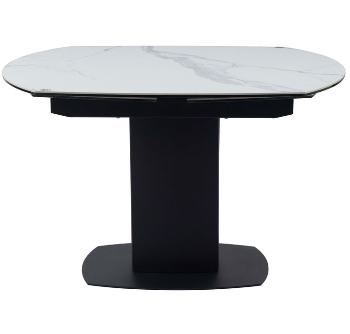 Ritz 120-180cm White Ceramic Marble Swivel Mechanism Extending Table with Amalia Swivel Velvet Chairs - Belmont Interiors