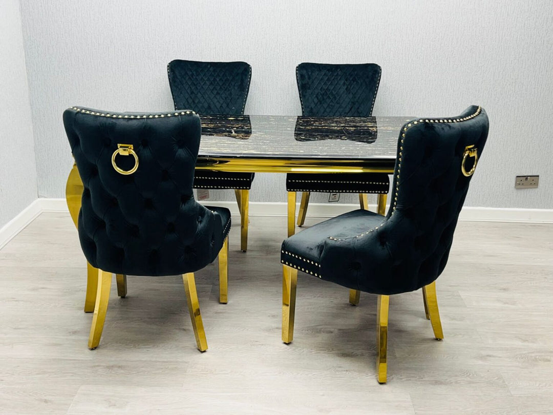 Louis Gold Black Marble Dining Table With Shimmer Black / Gold Ring Knocker Dining Chairs - Belmont Interiors