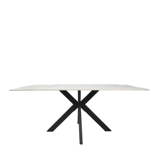 Phoenix 180cm White Ceramic Marble Dining Table With Grey Velvet Black Ring Chairs - Belmont Interiors