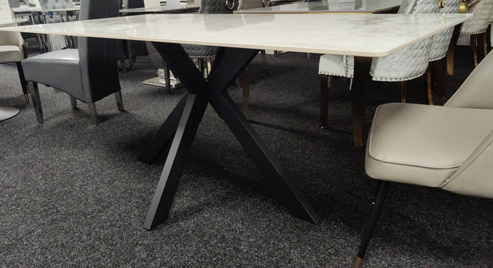 Phoenix 180cm White Ceramic Marble Dining Table With Grey Velvet Black Ring Chairs - Belmont Interiors