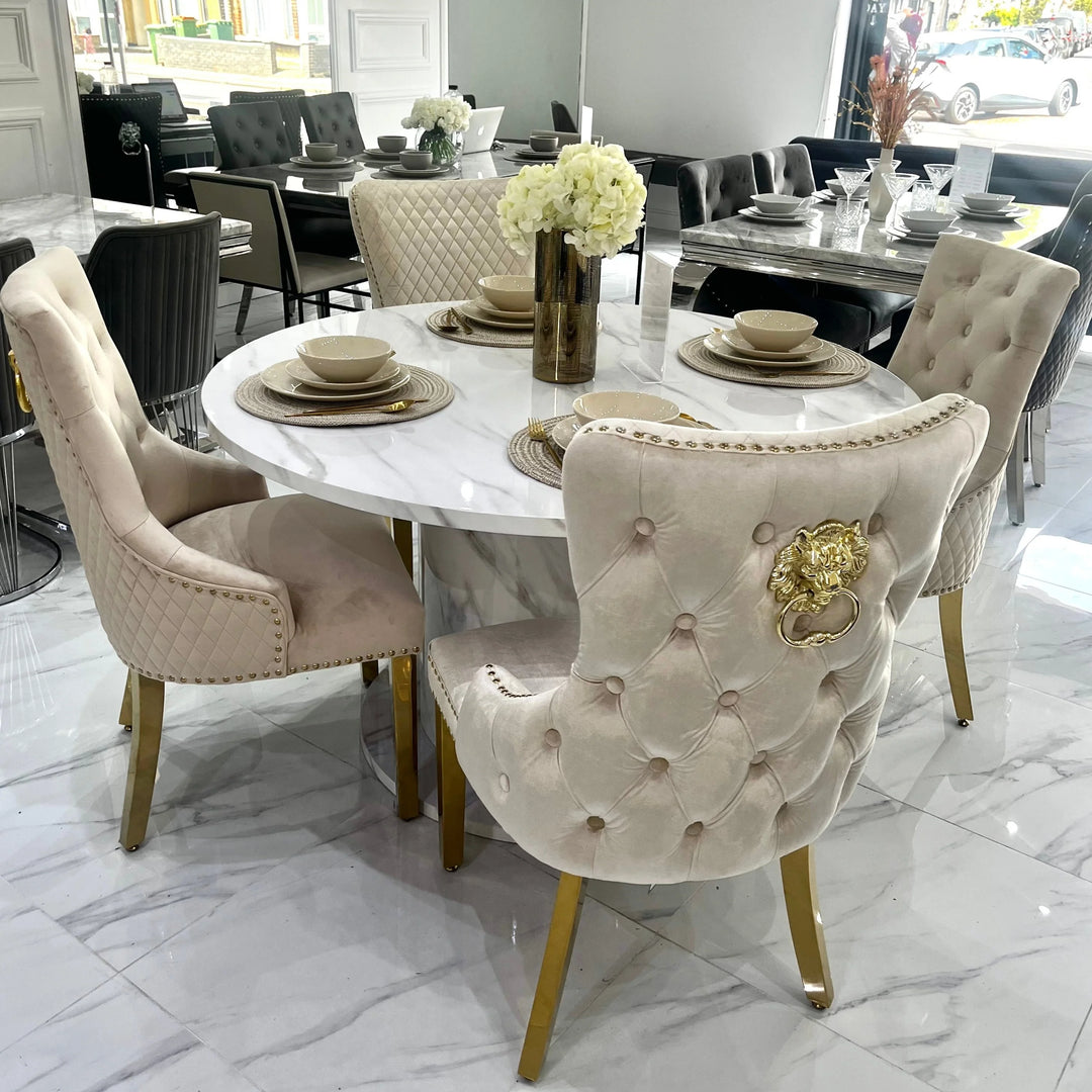 Capri 110cm White Marble Effect Dining Table Victoria Shimmer Lion Dining Chair