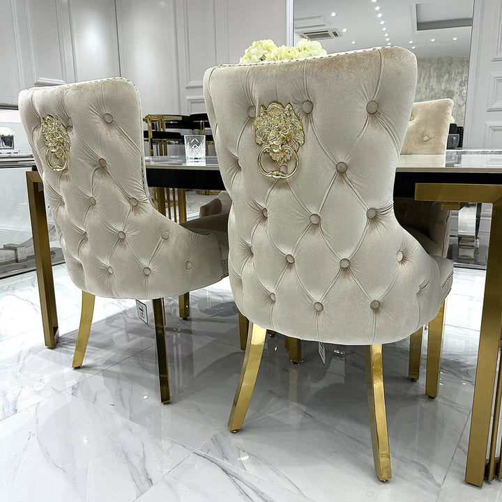 Sorrento 150cm Gold Dining Table with White Ceramic Marble Top + Cream/Gold Ring Knocker Velvet Chairs - Belmont Interiors