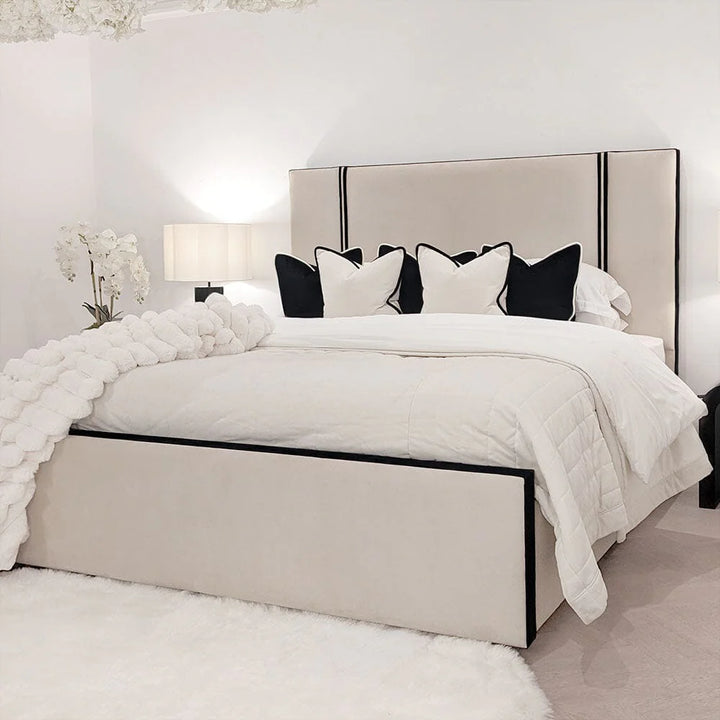 Serene Velvet Luxury Bed with Contrast Black Piping - Belmont Interiors