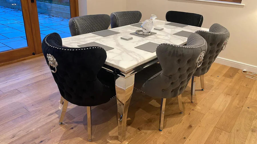 Louis 150cm White Marble Dining Table + Valentino Lion Knocker Velvet Chairs - Belmont Interiors