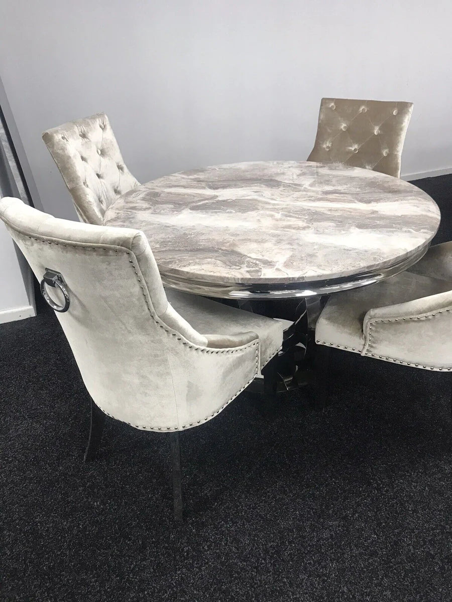 Chelsea 130cm Beige Marble Round Dining Table + Belvedere Champagne Dining Chairs - Belmont Interiors