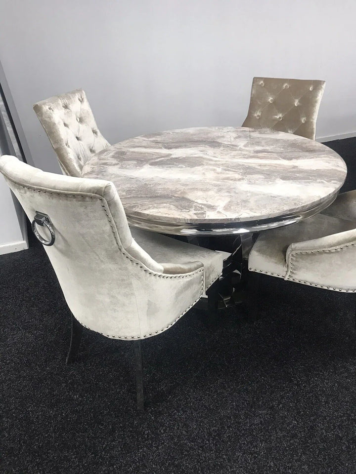 Chelsea 130cm Beige Marble Round Dining Table + Belvedere Champagne Dining Chairs - Belmont Interiors