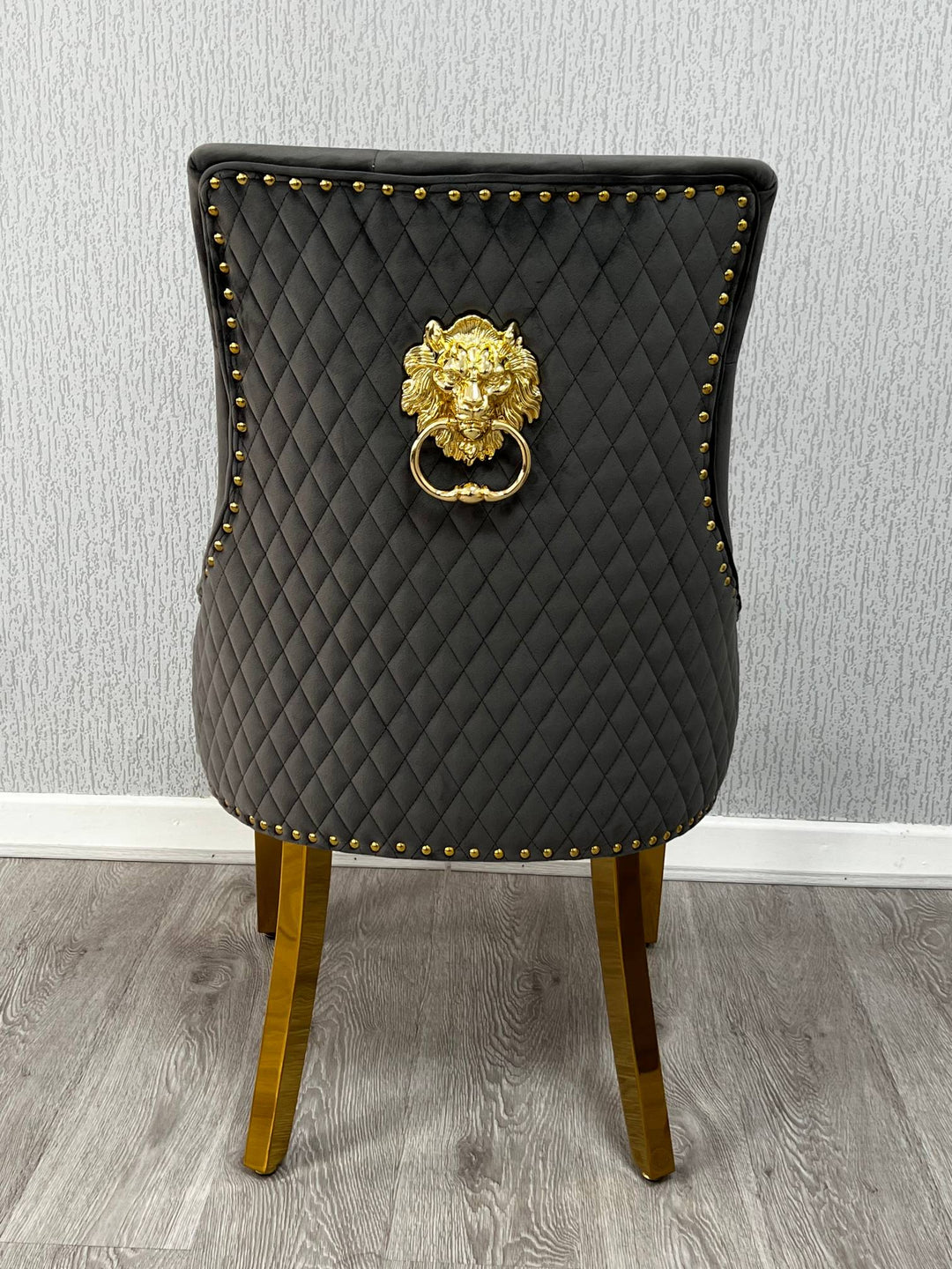 Majestic Grey Gold Lion Knocker Quilted Tufted Plush Velvet Dining Chair Gold Legs - Belmont Interiors