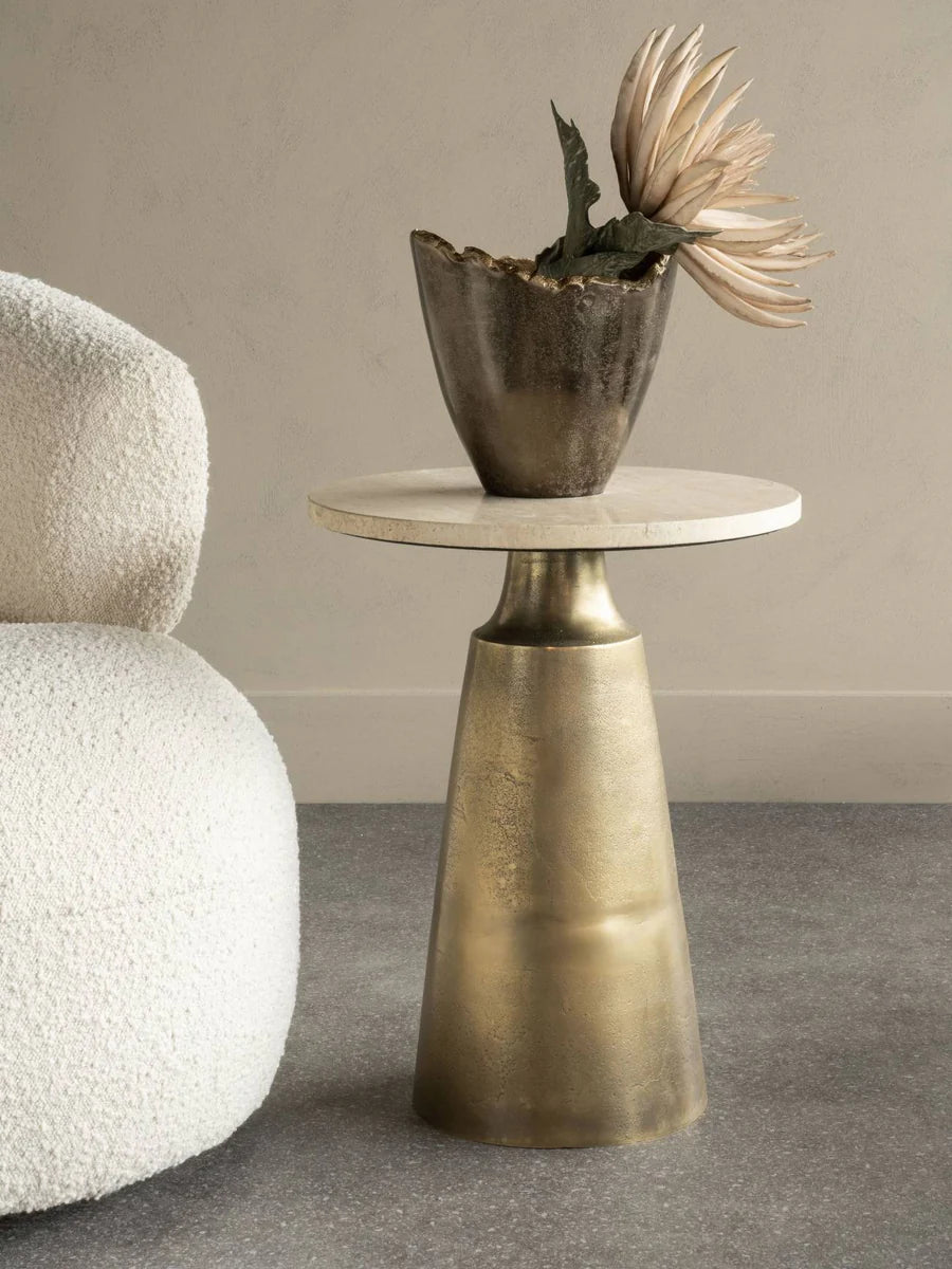 Libra Interiors Clifton II Side Table in Antique Brass and Travertine