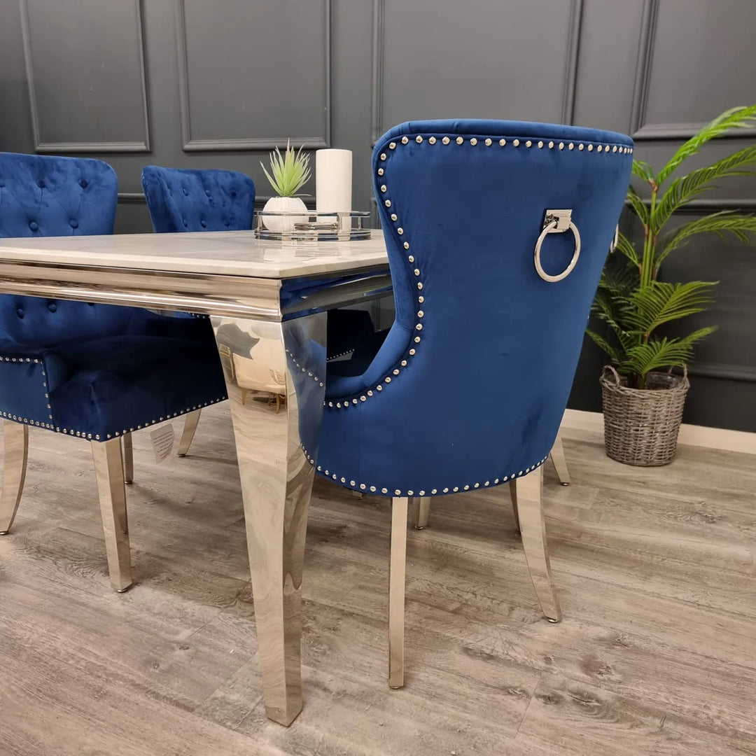 Louis Marble & Chrome Dining Table With Megan Chrome Ring Knocker Velvet Chairs - Belmont Interiors