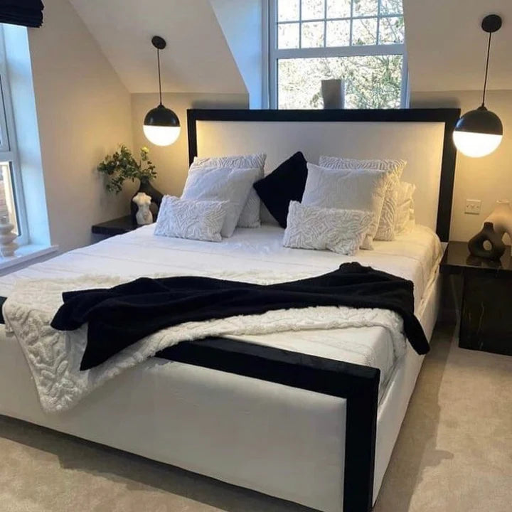 Noir Plush Velvet Luxury Monochrome Chunky Bed with Contrast Black Border - Belmont Interiors